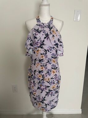 bebe Lilac Floral Halter Midi Dress with Ruffle Overlay
